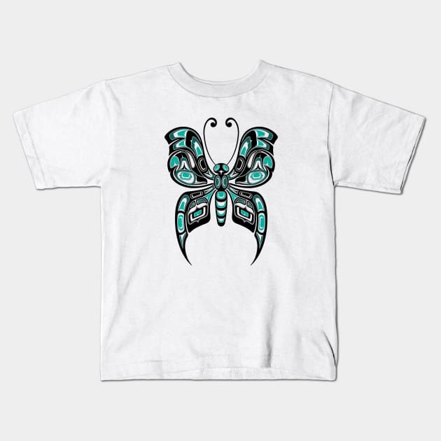 Teal Blue and Black Haida Spirit Butterfly Kids T-Shirt by jeffbartels